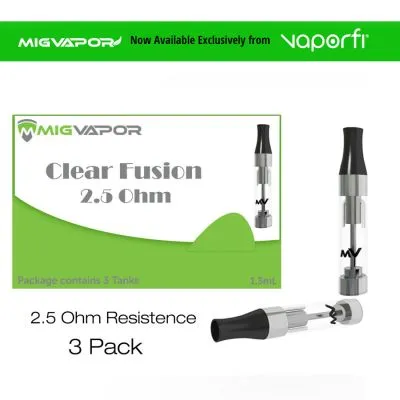 Mig Vapor Clear Fusion Tank 3-Pack showing the three clear refillable 808-threaded vape tanks.